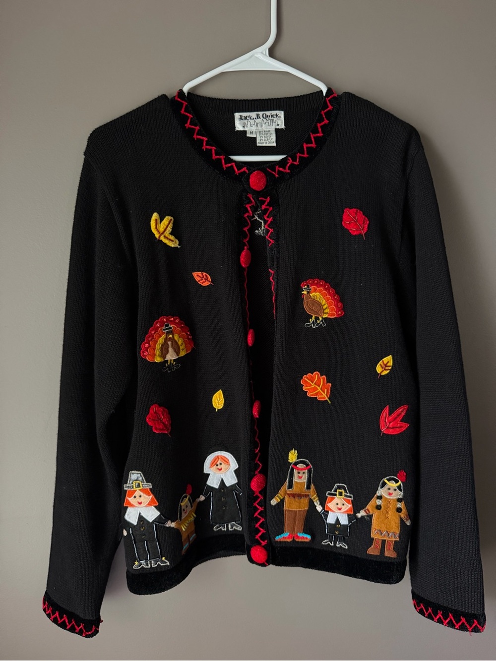 RARE Vintage Jack B Quick Thanksgiving Knit Cardigan Sweater M Turkey Pilgrim
